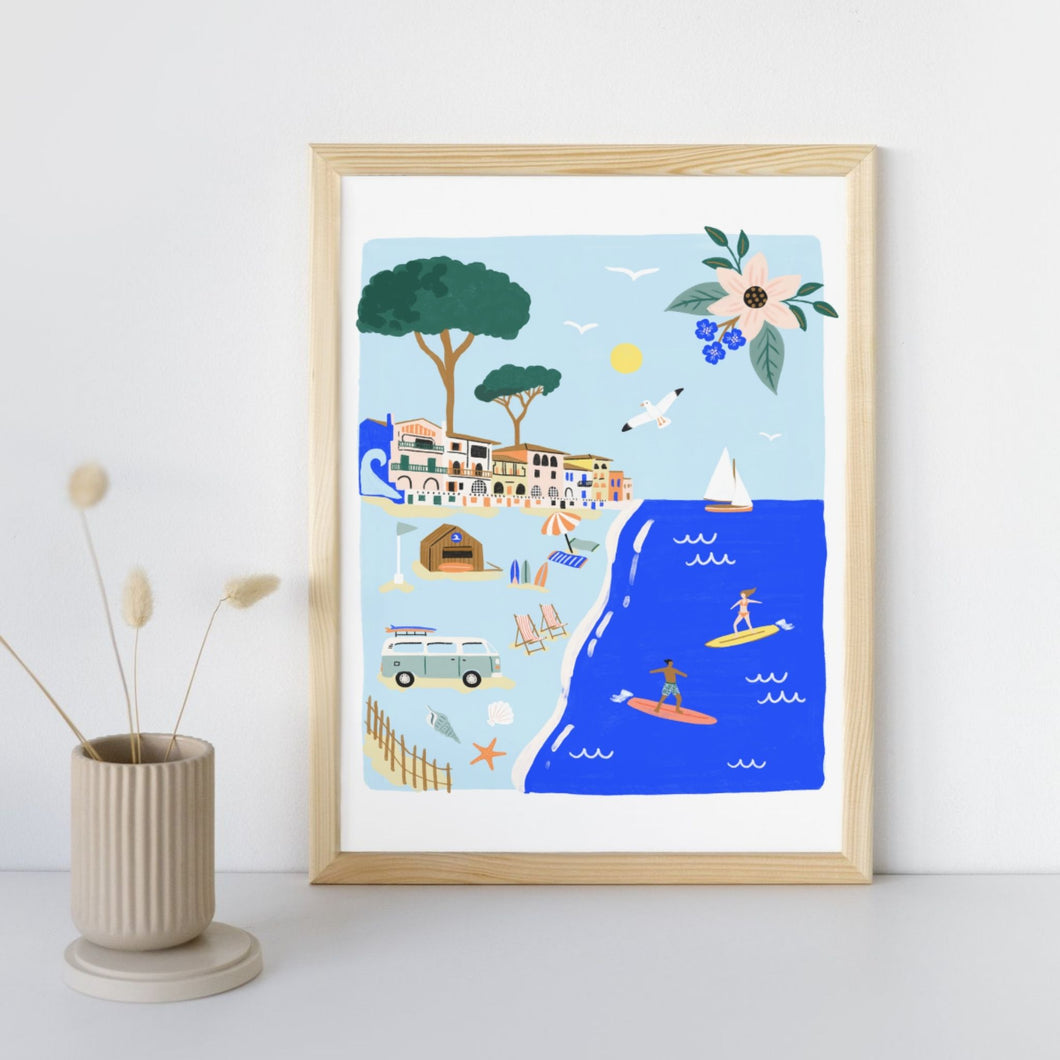 Hossegor et la cote landaise - Affiche illustrée 1 - Format A3