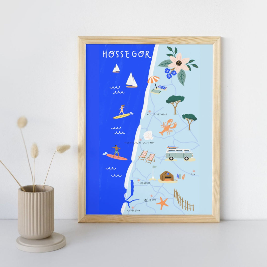 Hossegor et la cote landaise - Affiche illustrée 2 - Format A3